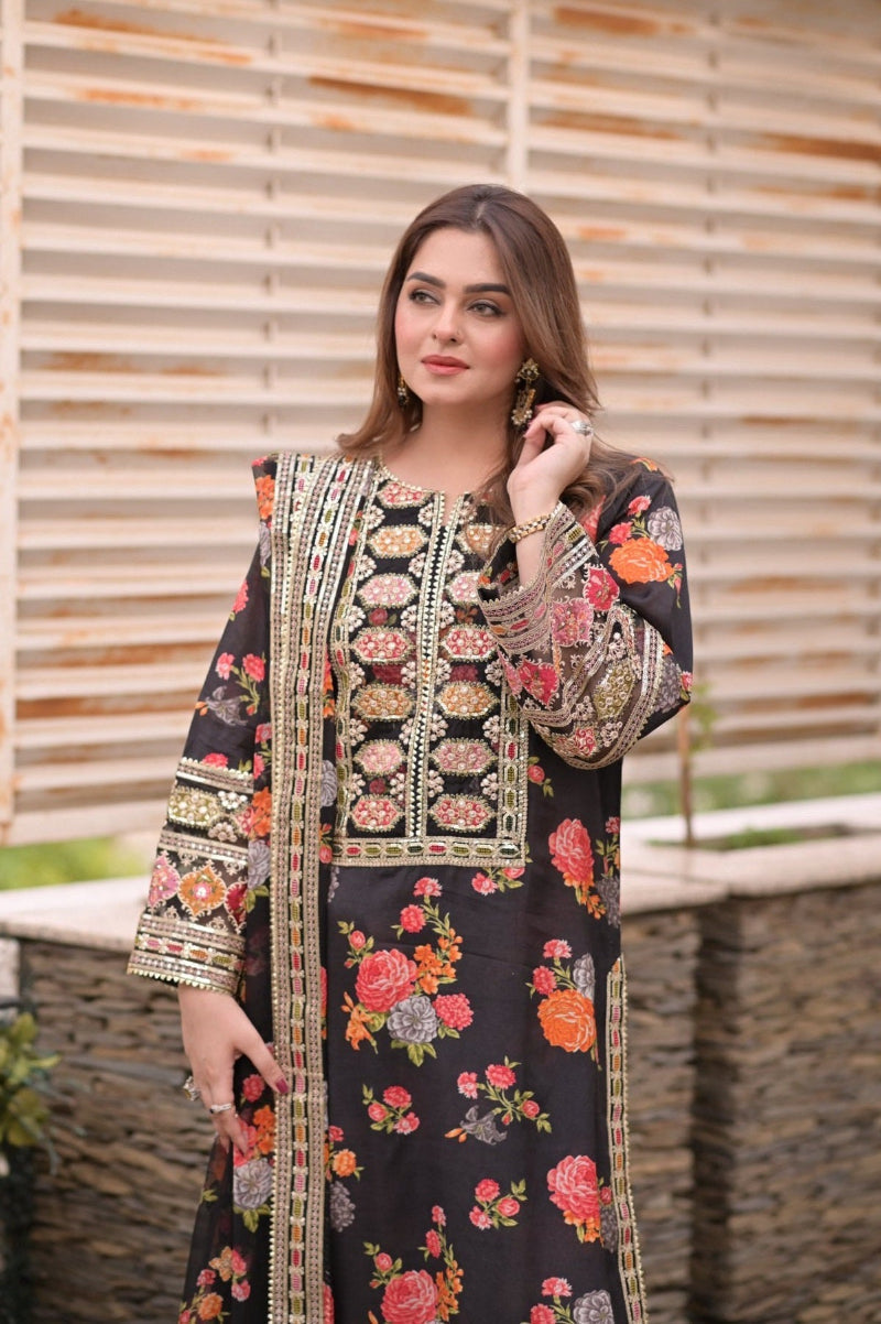 Stitched 3-Piece Digital Printed Shamoz Silk Embroidered Suit