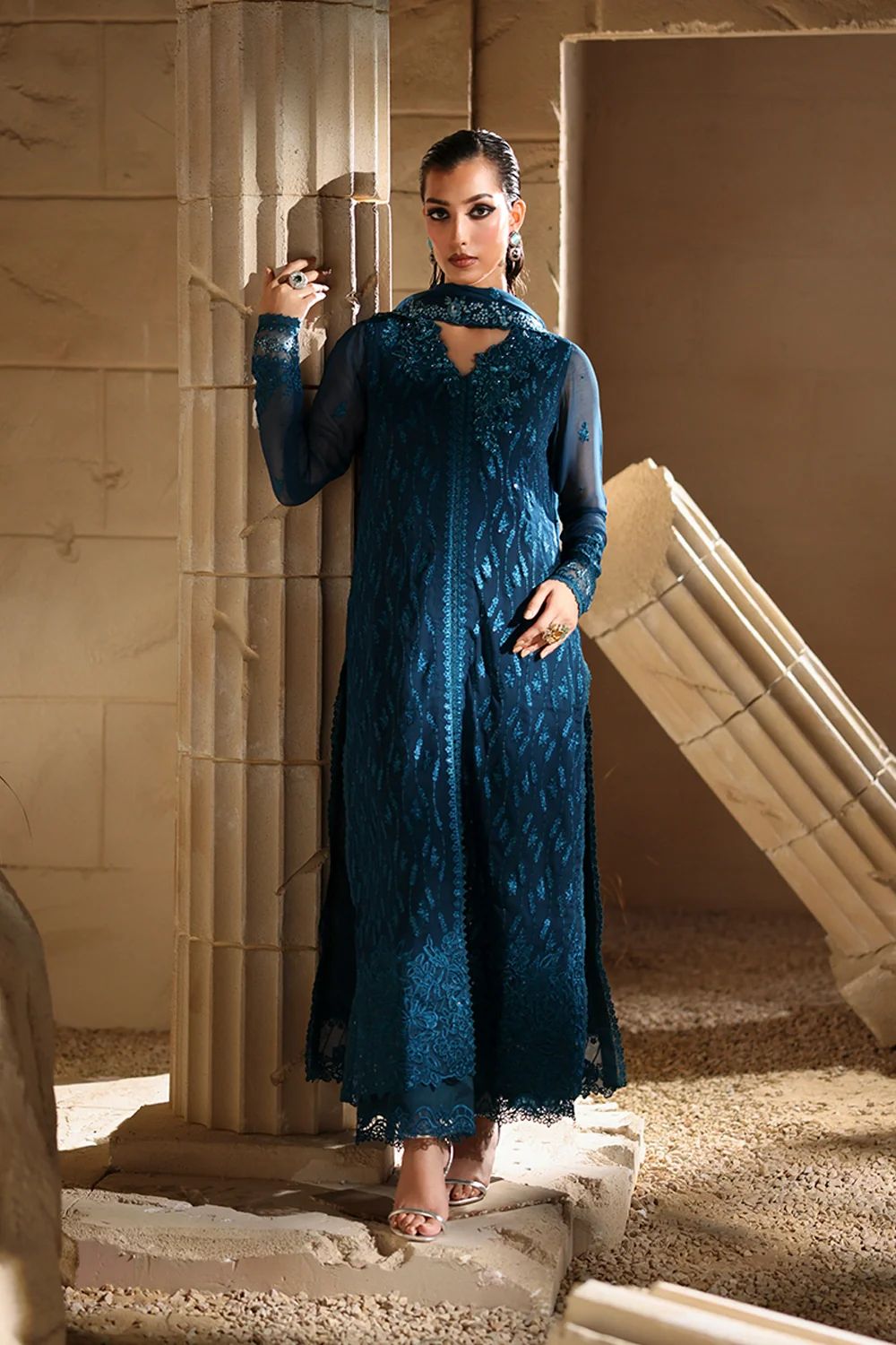 03-Piece Embroidered Chiffon Dress - Ready To Wear